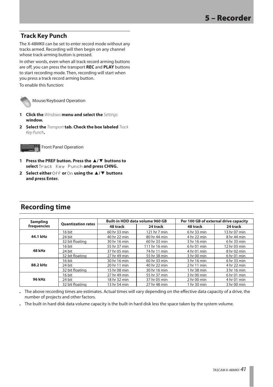 Track key punch, Recording time, 5 – recorder | 41 track key punch | Teac X-48MKII User Manual | Page 41 / 60