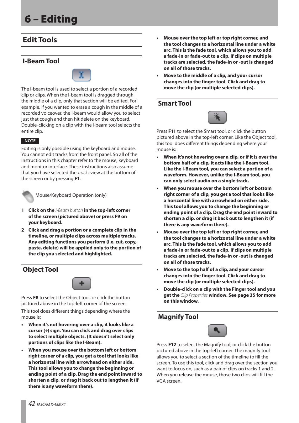 6 – editing, Edit tools, I-beam tool | Object tool, Smart tool, Magnify tool, I-beam tool object tool smart tool magnify tool | Teac X-48MKII User Manual | Page 42 / 60