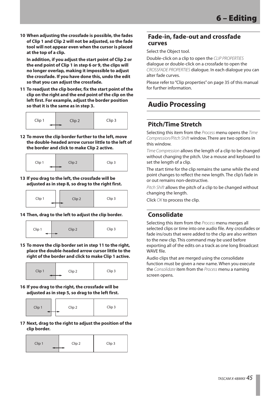 Fade-in, fade-out and crossfade curves, Audio processing, Pitch/time stretch | Consolidate, Pitch/time stretch consolidate, 6 – editing | Teac X-48MKII User Manual | Page 45 / 60