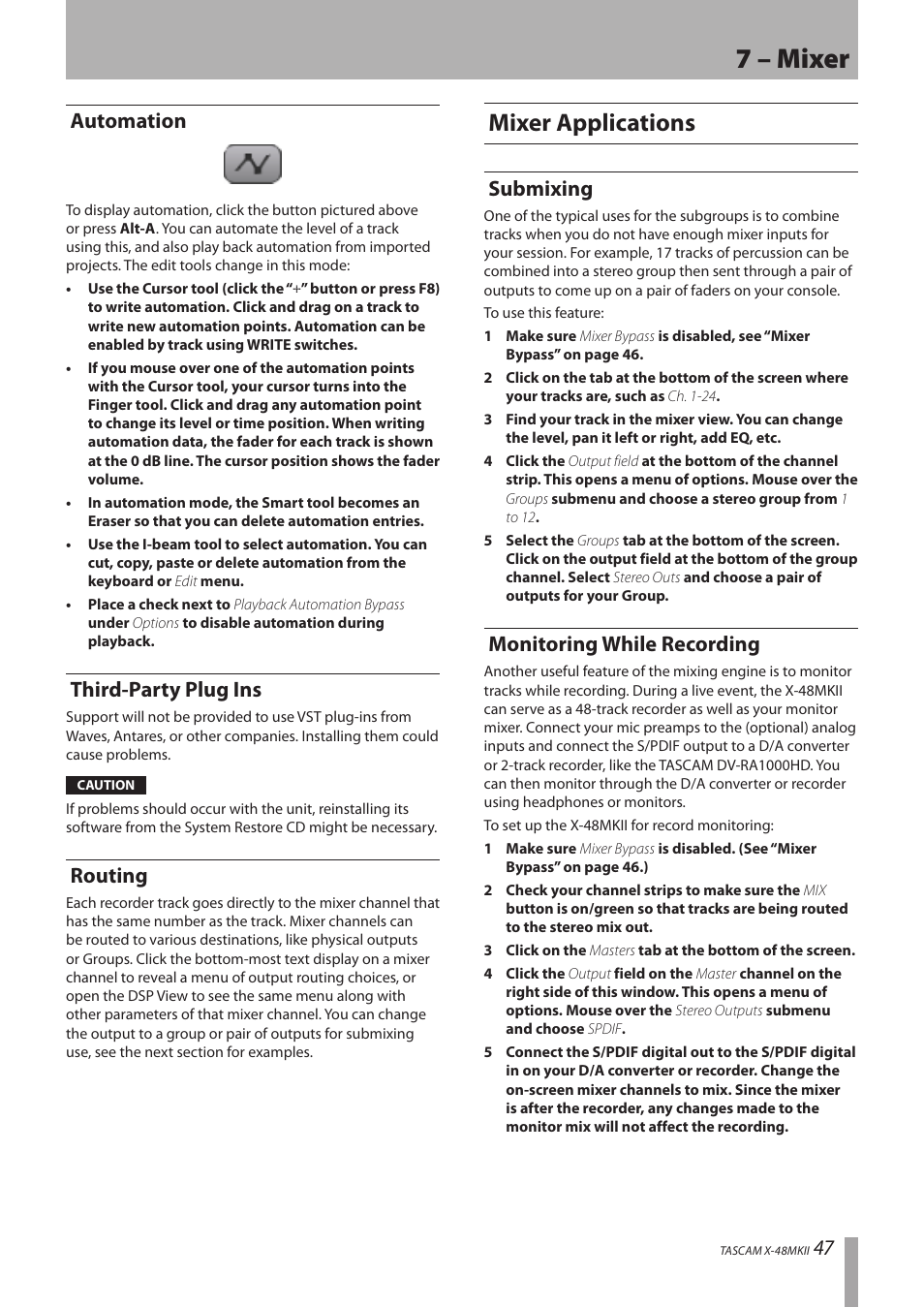 Automation, Third-party plug ins, Routing | Mixer applications, Submixing, Monitoring while recording, Automation third-party plug ins routing, Submixing monitoring while recording, 7 – mixer, 47 automation | Teac X-48MKII User Manual | Page 47 / 60