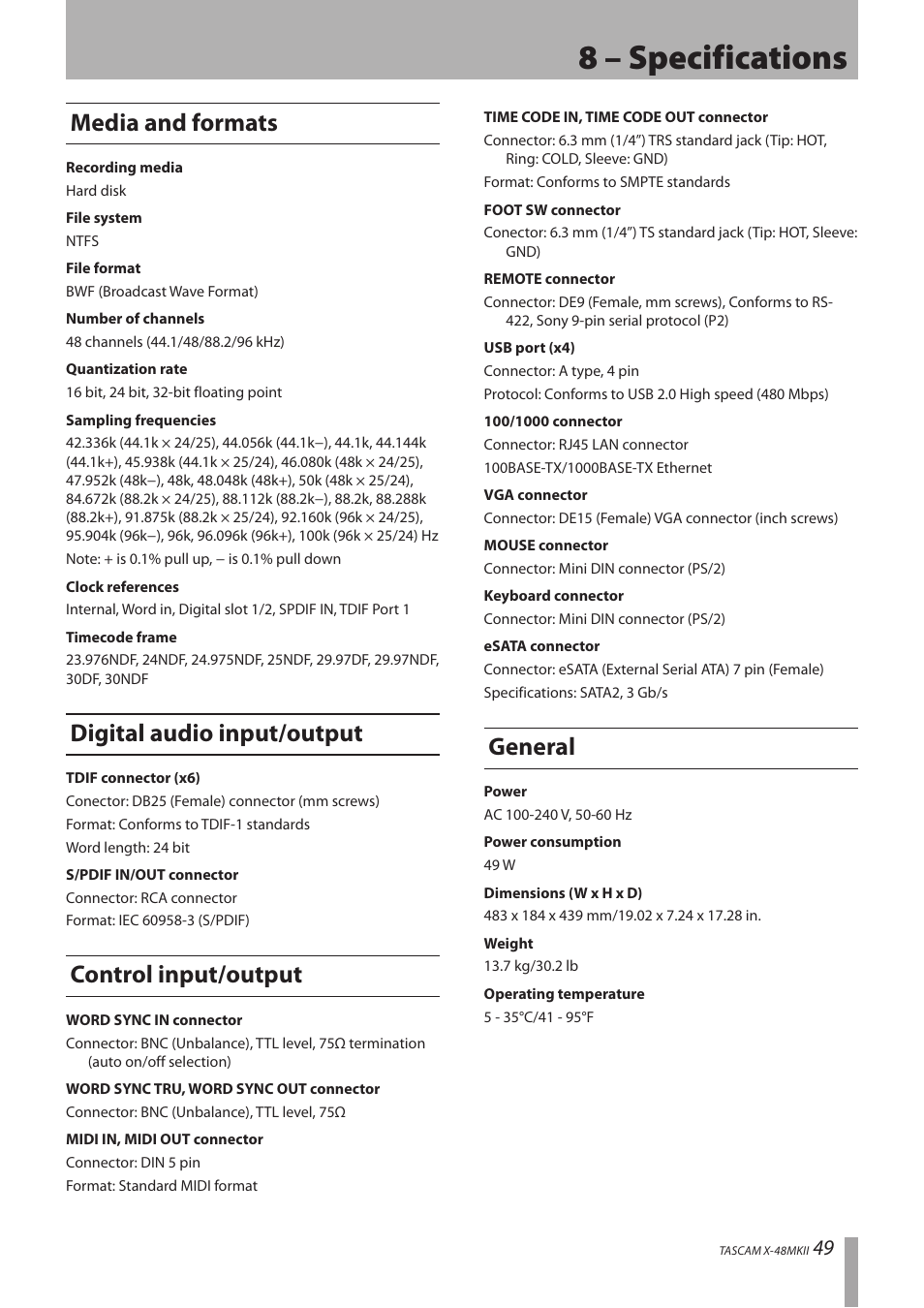 8 – specifications, Media and formats, Digital audio input/output | Control input/output, General | Teac X-48MKII User Manual | Page 49 / 60