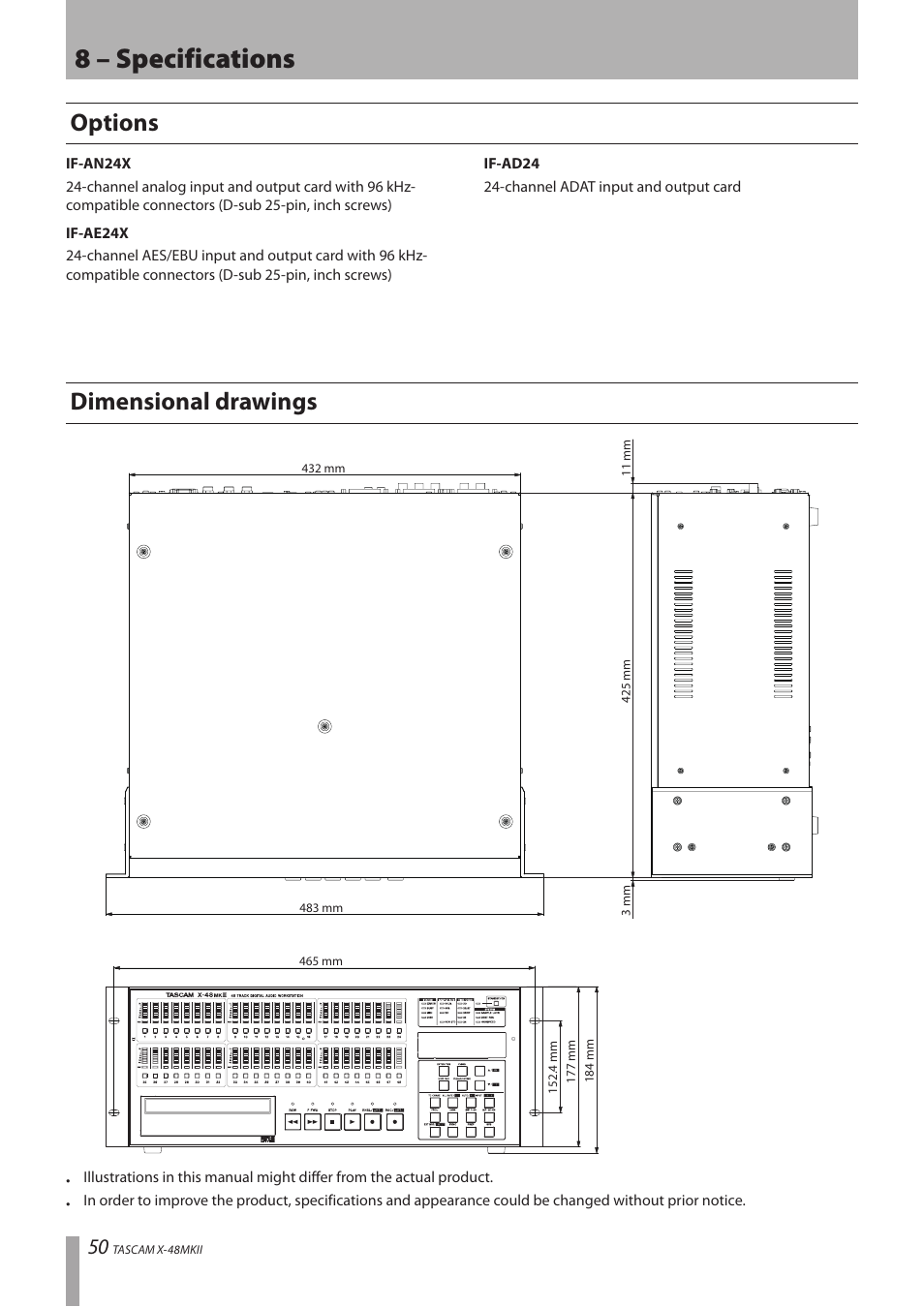 Options, Dimensional drawings, Options dimensional drawings | 8 – specifications | Teac X-48MKII User Manual | Page 50 / 60