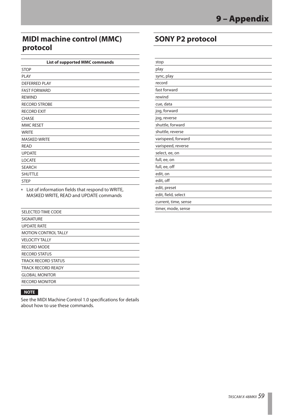 Midi machin control (mmc) protocol, Sony p2 protocol, 9 – appendix | Midi machine control (mmc) protocol | Teac X-48MKII User Manual | Page 59 / 60