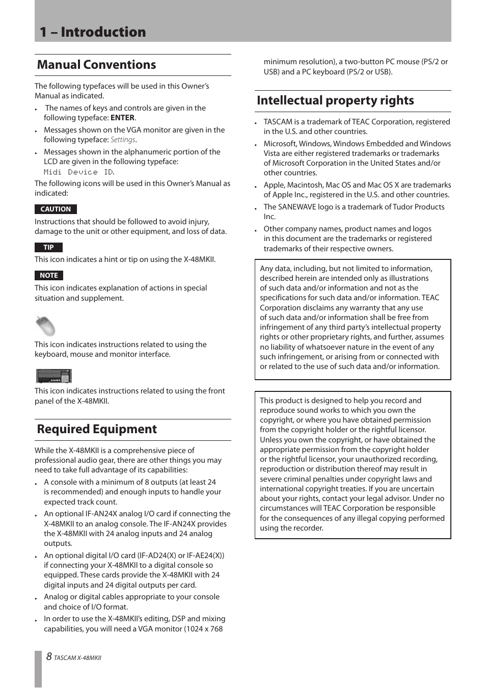 Manual conventions, Required equipment, Intellectual property rights | 1 – introduction | Teac X-48MKII User Manual | Page 8 / 60