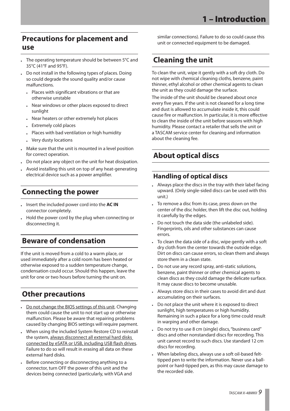 Precautions for placement and use, Connecting the power, Beware of condensation | Other precautions, Cleaning the unit, About optical discs, Handling of optical discs, 1 – introduction | Teac X-48MKII User Manual | Page 9 / 60