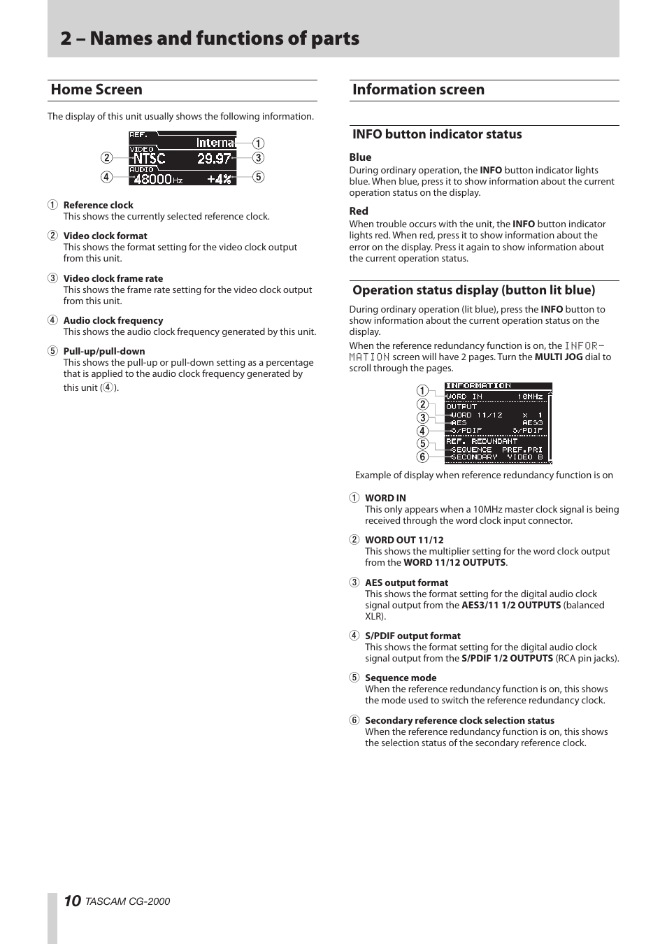 Home screen, Information screen, Info button indicator status | Operation status display (button lit blue), Home screen information screen, 2 – names and functions of parts | Teac CG-2000 User Manual | Page 10 / 32