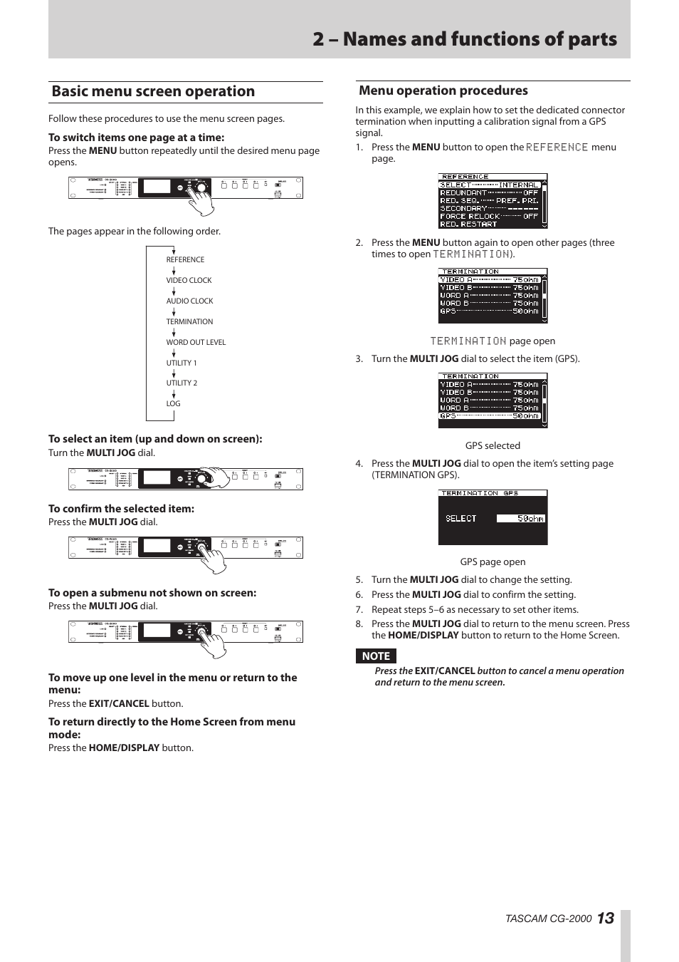 Basic menu screen operation, Menu operation procedures, 2 – names and functions of parts | Teac CG-2000 User Manual | Page 13 / 32