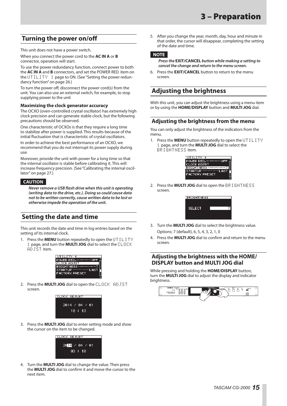 Turning the power on/off, Setting the date and time, Adjusting the brightness | Adjusting the brightness from the menu, Display button and multi jog dial, 3 – preparation | Teac CG-2000 User Manual | Page 15 / 32