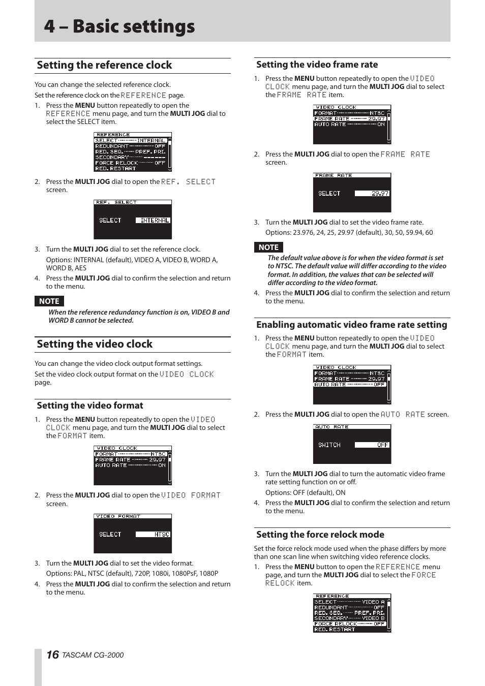 4 – basic settings, Setting the reference clock, Setting the video clock | Setting the video format, Setting the video frame rate, Enabling automatic video frame rate setting, Setting the force relock mode | Teac CG-2000 User Manual | Page 16 / 32