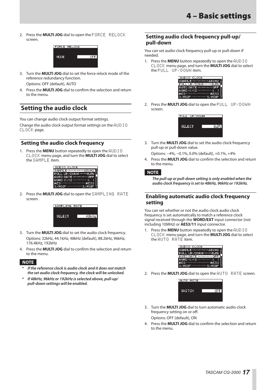 Setting the audio clock, Setting the audio clock frequency, Setting audio clock frequency pull-up/pull-down | Enabling automatic audio clock frequency setting, Pull-down enabling automatic audio clock frequency, Setting, 4 – basic settings, Setting audio clock frequency pull-up/ pull-down | Teac CG-2000 User Manual | Page 17 / 32