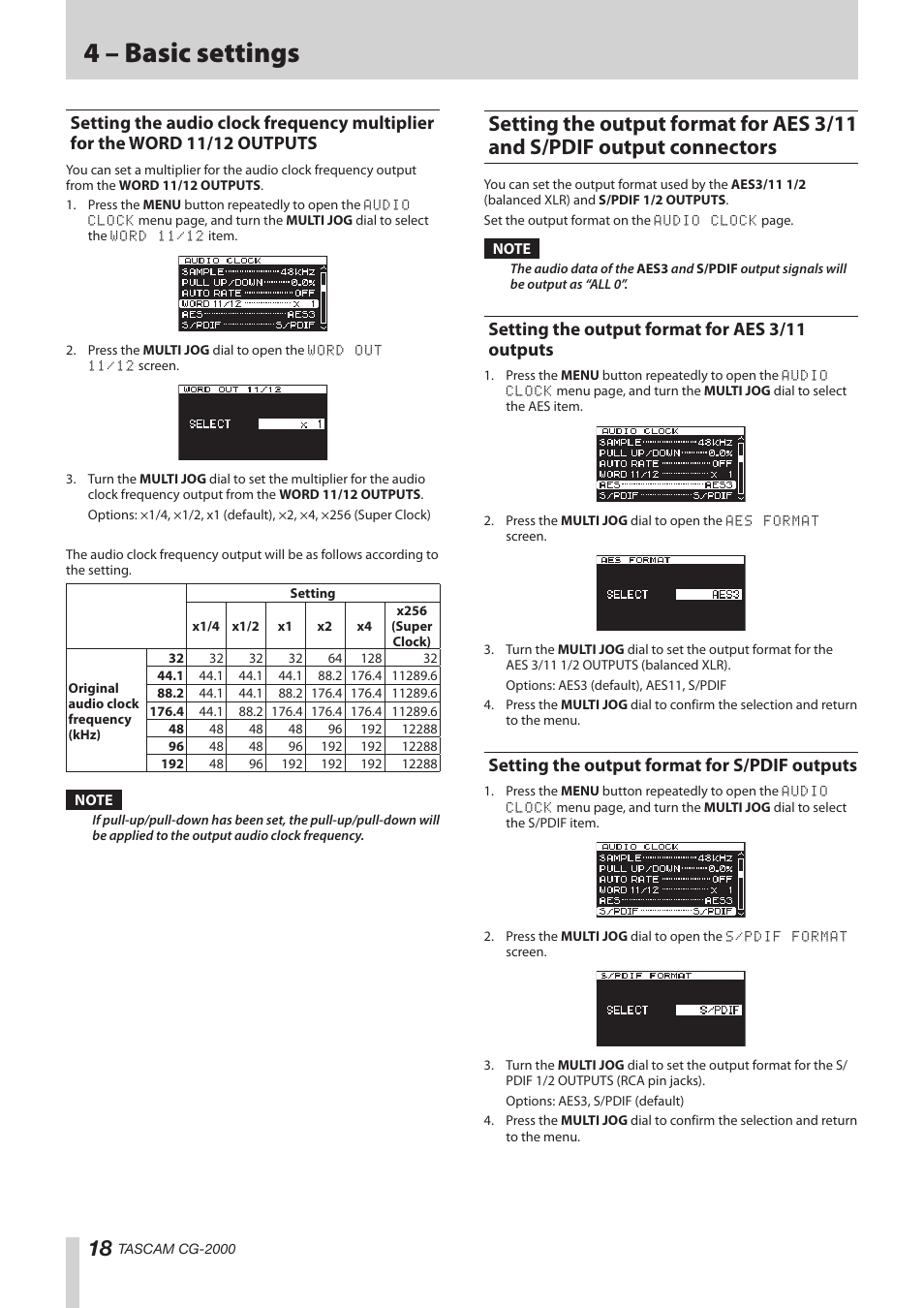 Setting the output format for aes 3/11 outputs, Setting the output format for s/pdif outputs, Setting the audio clock frequency multiplier for | The word 11/12 outputs, Setting the output format for aes 3/11, And s/pdif output connectors, Setting the output format, 4 – basic settings | Teac CG-2000 User Manual | Page 18 / 32