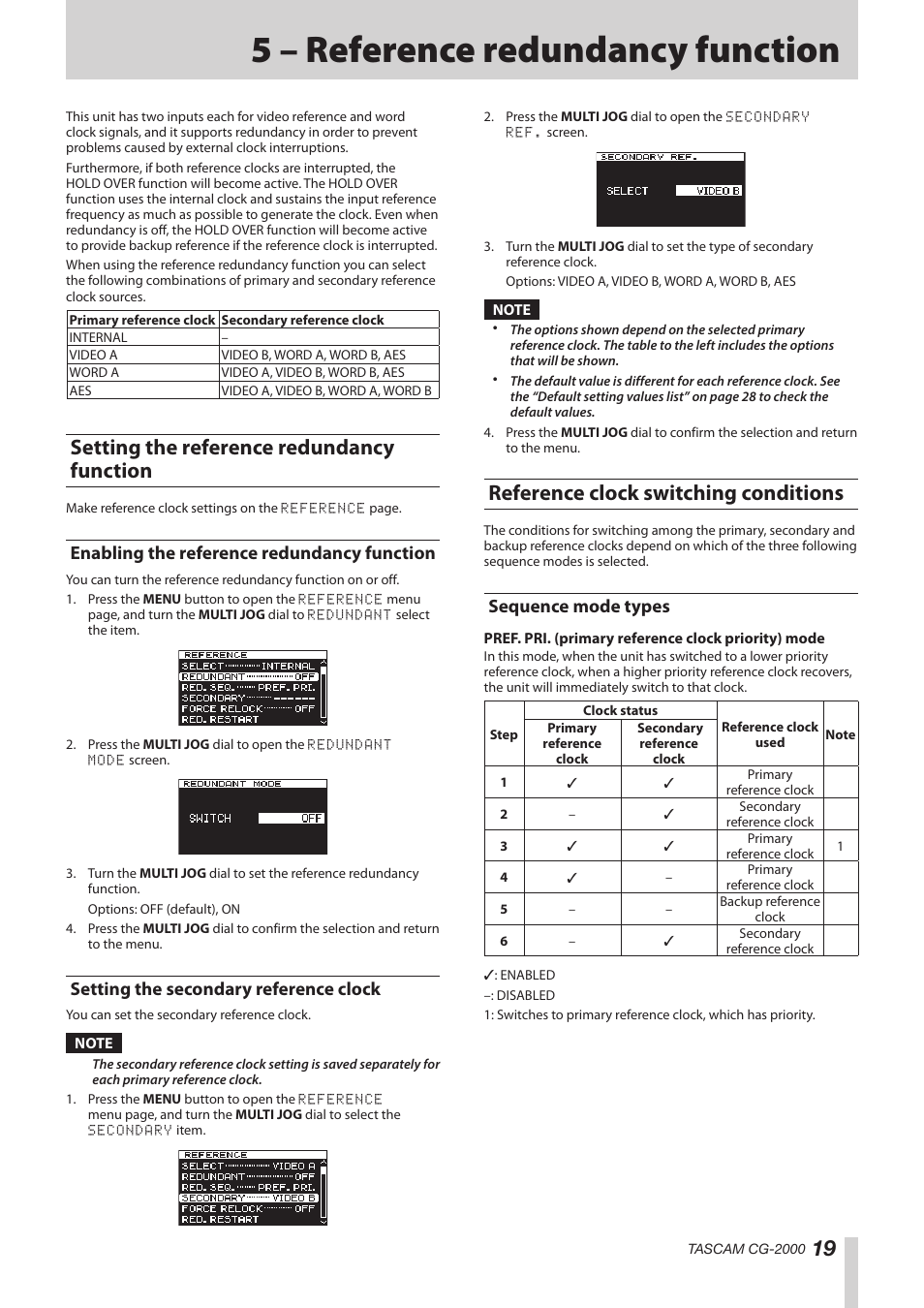 5 – reference redundancy function, Setting the reference redundancy function, Enabling the reference redundancy function | Setting the secondary reference clock, Reference clock switching conditions, Sequence mode types, Ee“setting the reference | Teac CG-2000 User Manual | Page 19 / 32