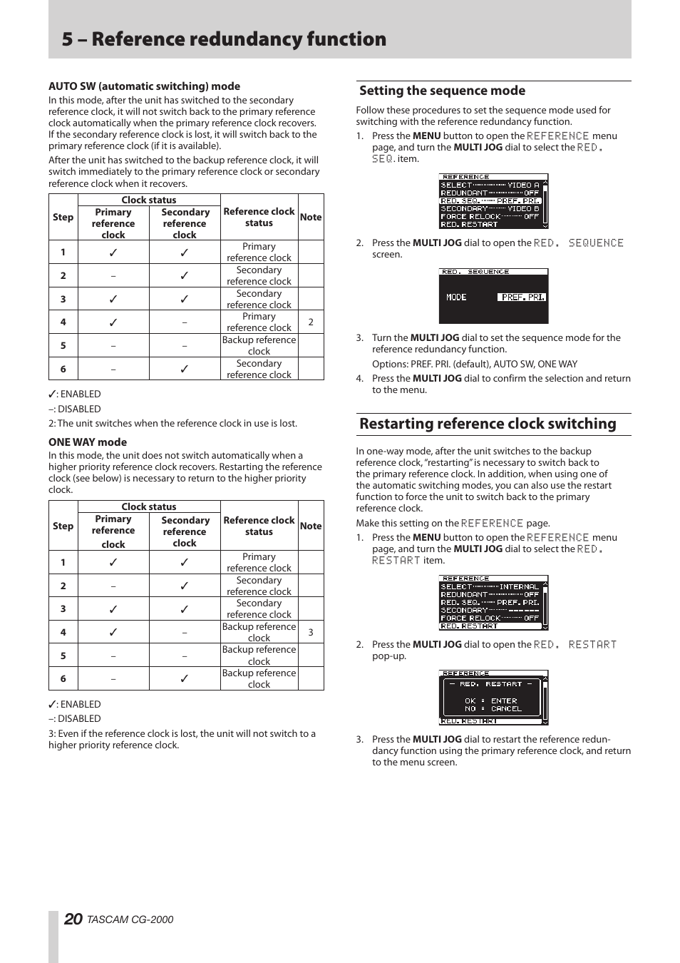 Setting the sequence mode, Restarting reference clock switching, 5 – reference redundancy function | Teac CG-2000 User Manual | Page 20 / 32