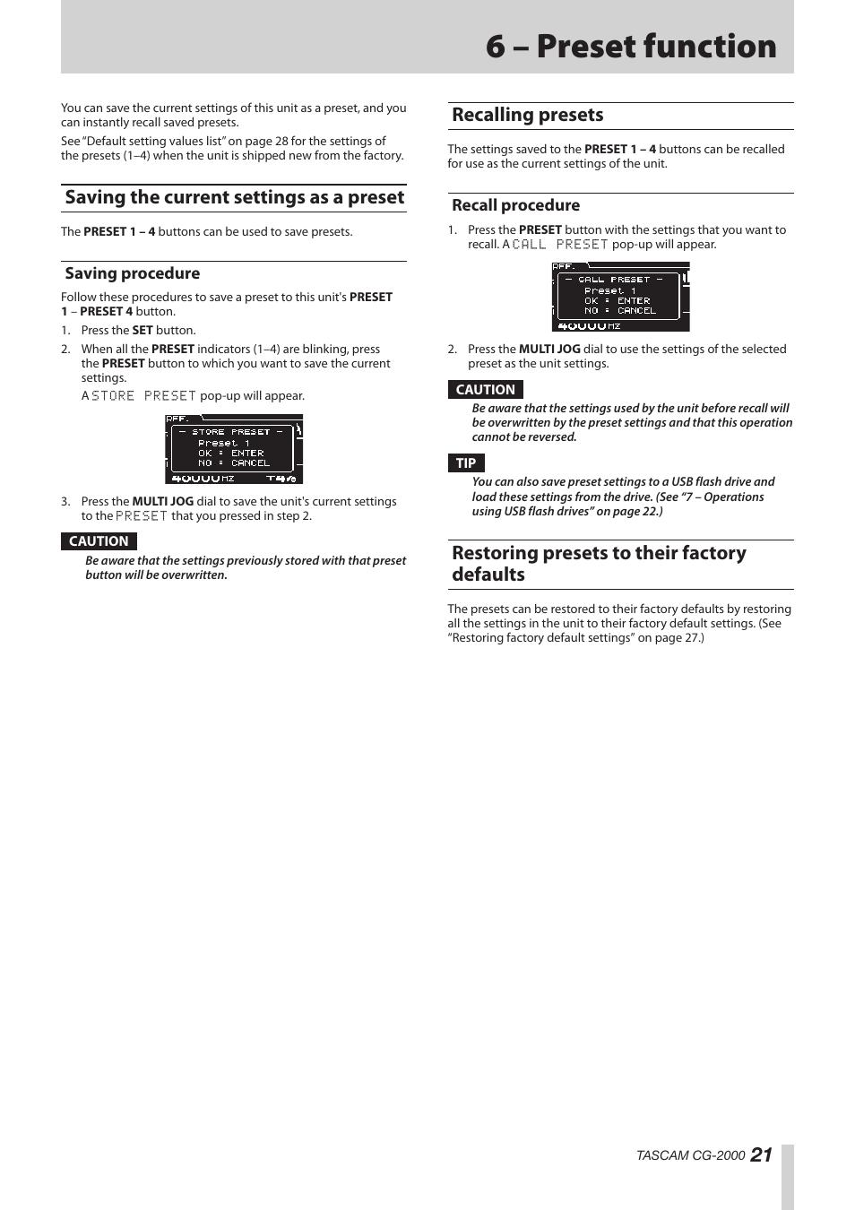 6 – preset function, Saving the current settings as a preset, Saving procedure | Recalling presets, Recall procedure, Restoring presets to their factory defaults, See “saving the current settings as a preset” on | Teac CG-2000 User Manual | Page 21 / 32