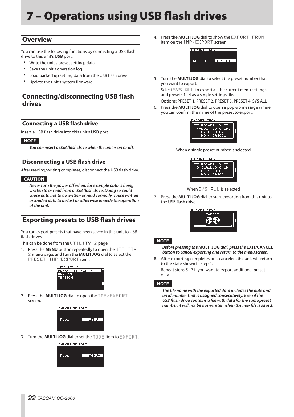 7 – operations using usb flash drives, Overview, Connecting/disconnecting usb flash drives | Connecting a usb flash drive, Disconnecting a usb flash drive, Exporting presets to usb flash drives, Overview connecting/disconnecting usb flash drives, See “7 – operations | Teac CG-2000 User Manual | Page 22 / 32