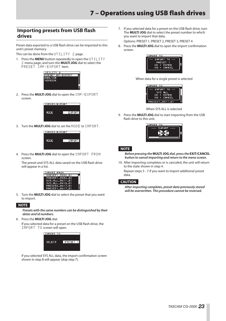 Importing presets from usb flash drives, 7 – operations using usb flash drives | Teac CG-2000 User Manual | Page 23 / 32