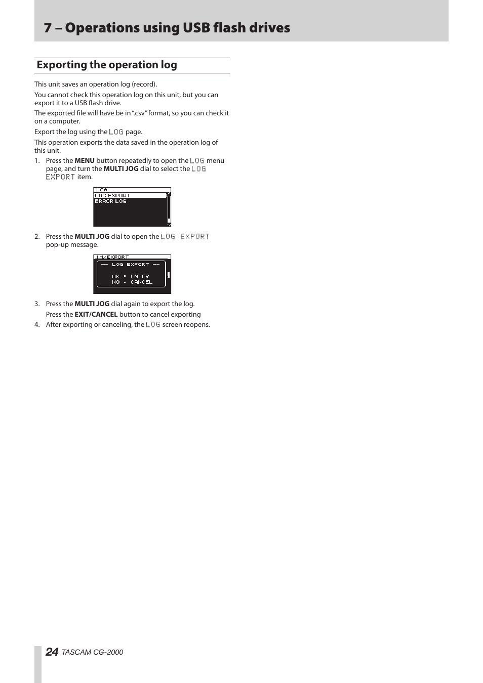 Exporting the operation log, 7 – operations using usb flash drives | Teac CG-2000 User Manual | Page 24 / 32