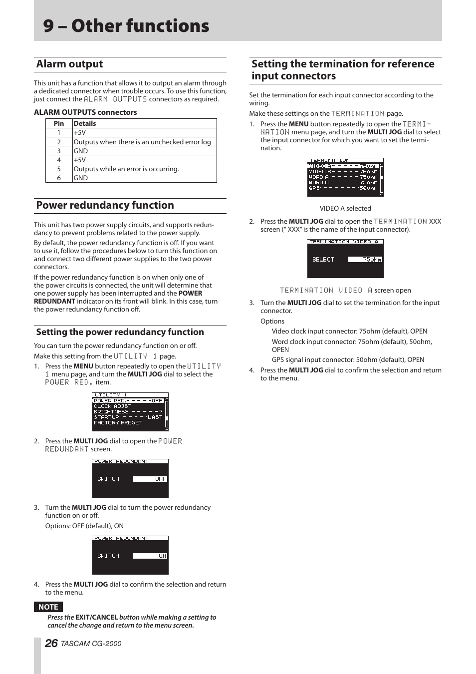 9 – other functions, Alarm output, Power redundancy function | Setting the power redundancy function, Alarm output power redundancy function, Setting the termination for reference input connec, Tors, Ee “setting the power, O on. (see “setting the power redun | Teac CG-2000 User Manual | Page 26 / 32