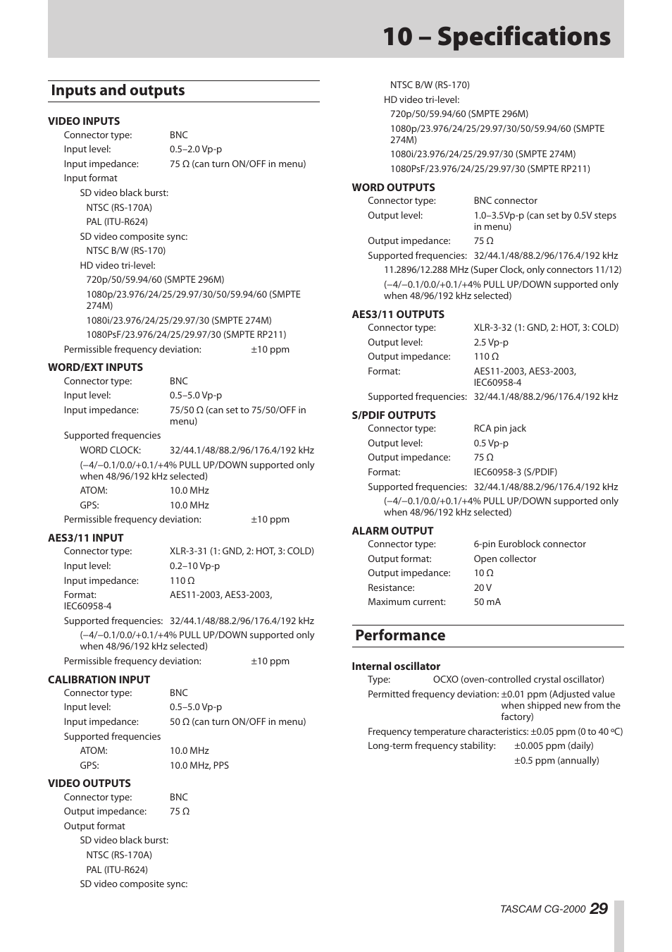 10 – specifications, Inputs and outputs, Performance | Inputs and outputs performance | Teac CG-2000 User Manual | Page 29 / 32