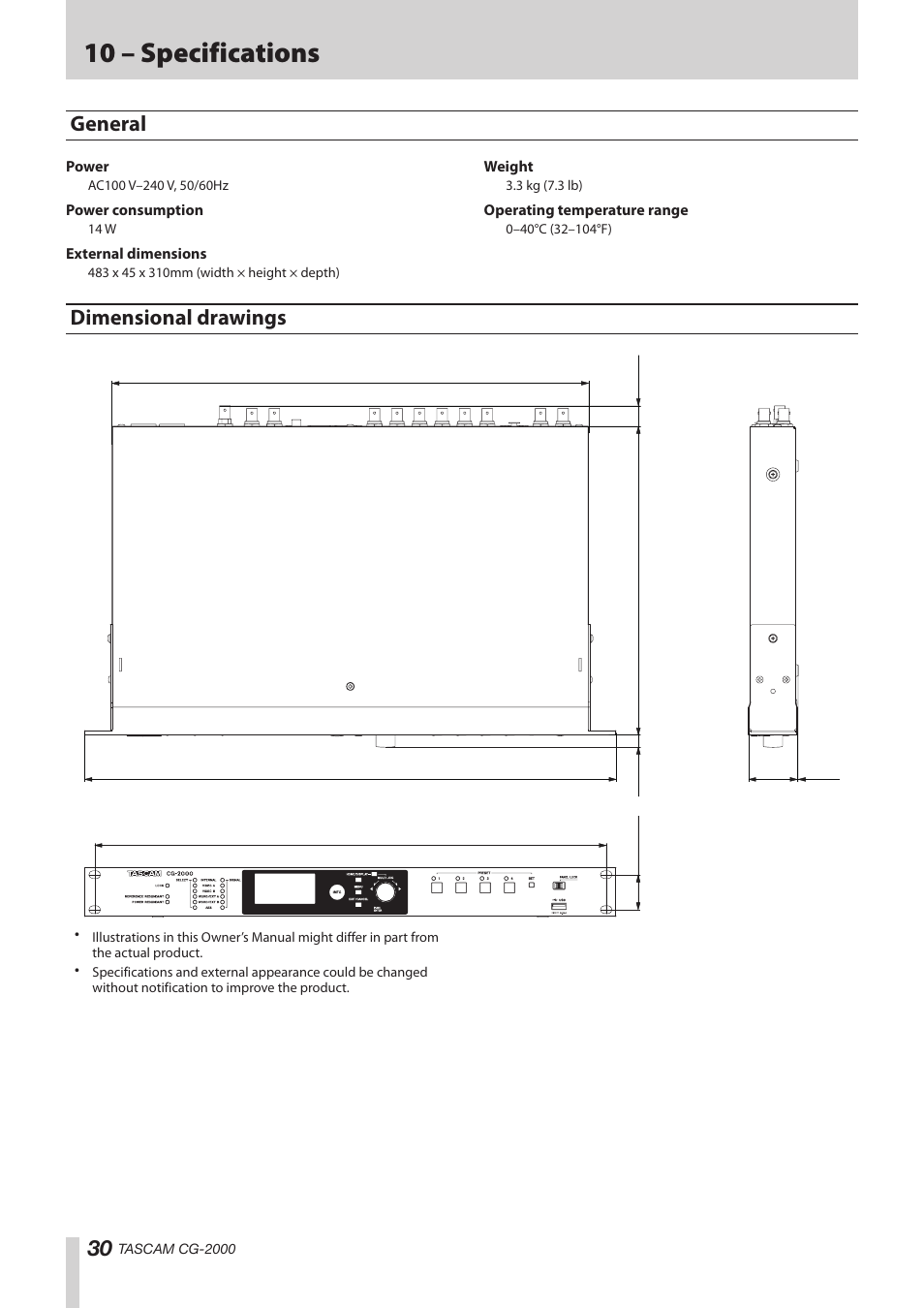 General, Dimensional drawings, General dimensional drawings | 10 – specifications | Teac CG-2000 User Manual | Page 30 / 32