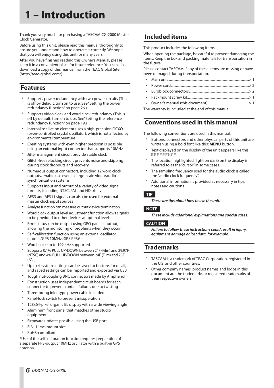 1 – introduction, Features, Included items | Conventions used in this manual, Trademarks | Teac CG-2000 User Manual | Page 6 / 32