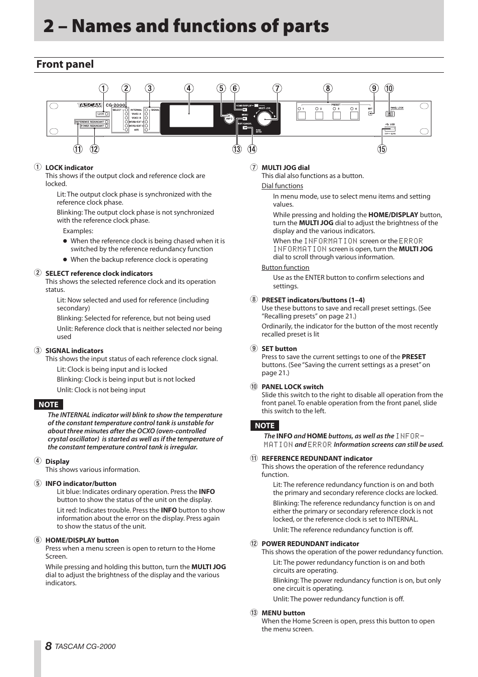 2 – names and functions of parts, Front panel | Teac CG-2000 User Manual | Page 8 / 32