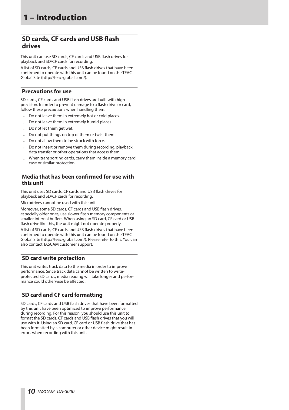 Sd cards, cf cards and usb flash drives, Precautions for use, Sd card write protection | Sd card and cf card formatting, 1 – introduction | Teac DA-3000 User Manual | Page 10 / 60