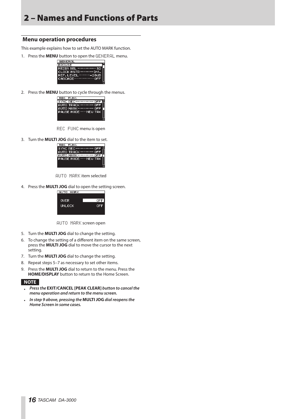 Menu operation procedures, 2 – names and functions of parts | Teac DA-3000 User Manual | Page 16 / 60