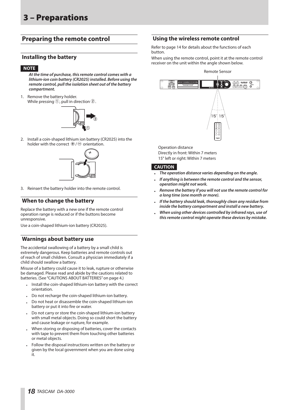 Preparing the remote control, Installing the battery, When to change the battery | Warnings about battery use, Using the wireless remote control, 3 – preparations | Teac DA-3000 User Manual | Page 18 / 60