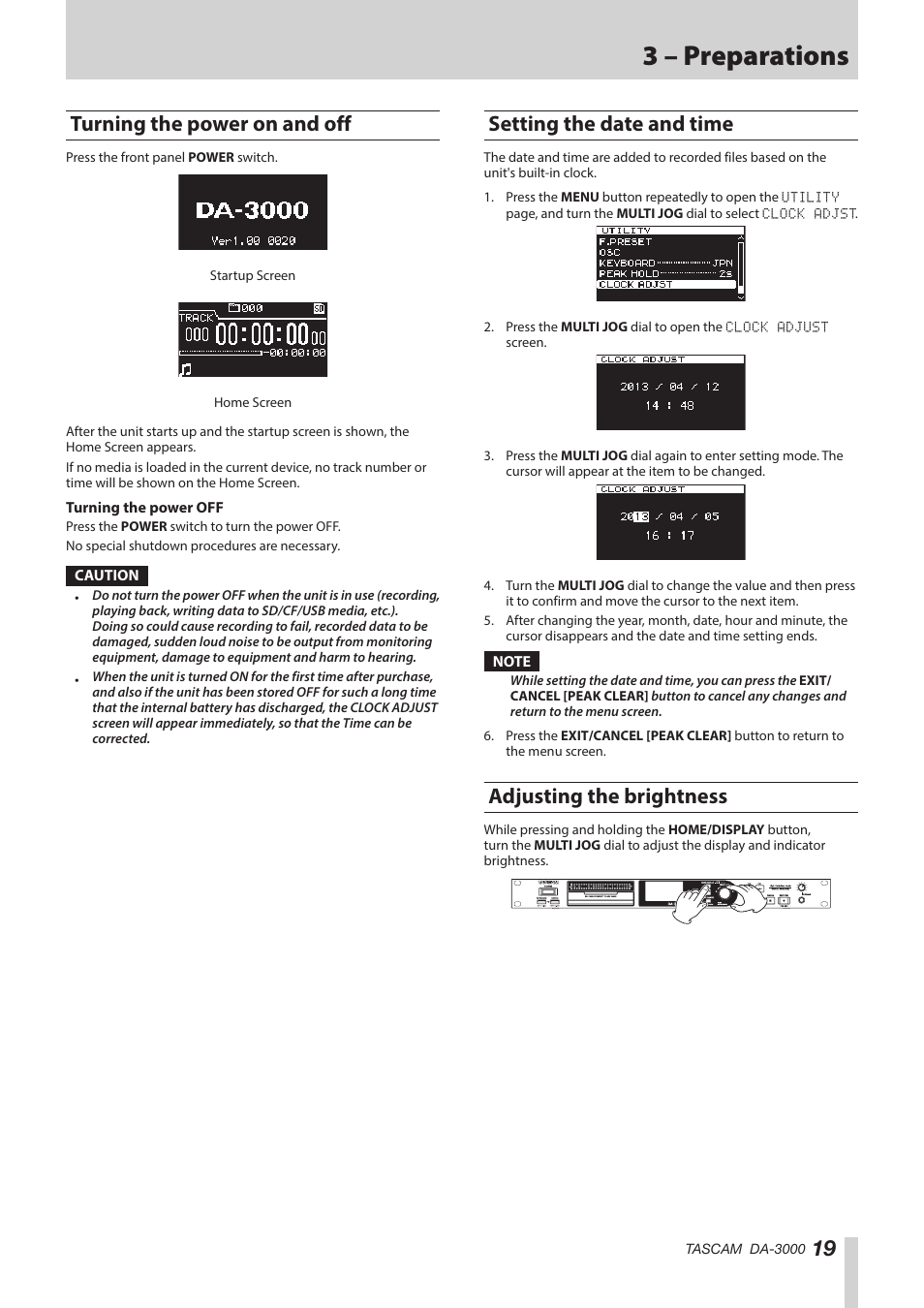 Turning the power on and off, Setting the date and time, Adjusting the brightness | 3 – preparations | Teac DA-3000 User Manual | Page 19 / 60