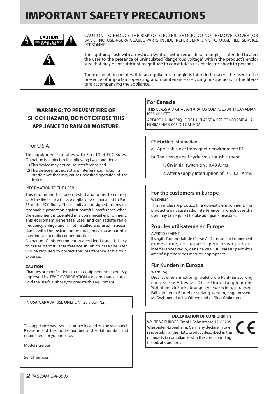 Important safety precautions | Teac DA-3000 User Manual | Page 2 / 60