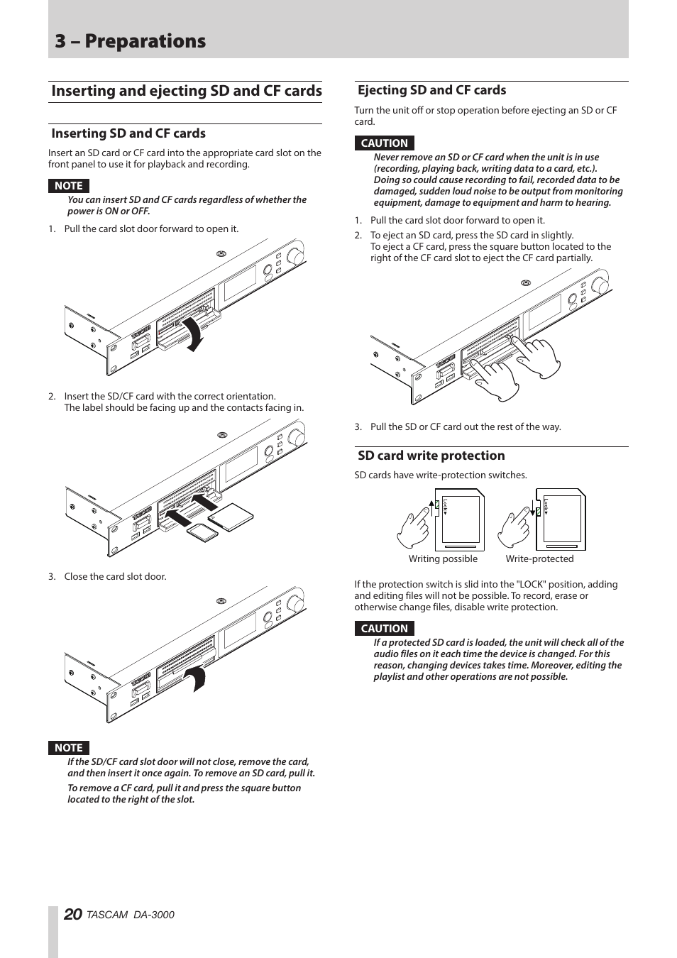 Inserting and ejecting sd and cf cards, Inserting sd and cf cards, Ejecting sd and cf cards | Sd card write protection, See “inserting, 3 – preparations | Teac DA-3000 User Manual | Page 20 / 60