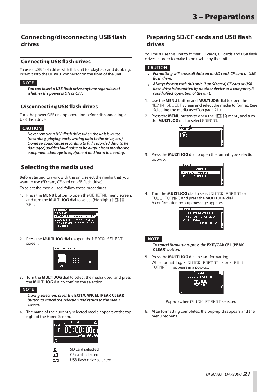 Connecting/disconnecting usb flash drives, Connecting usb flash drives, Disconnecting usb flash drives | Selecting the media used, Preparing sd/cf cards and usb flash drives, See “connecting/discon, 3 – preparations | Teac DA-3000 User Manual | Page 21 / 60