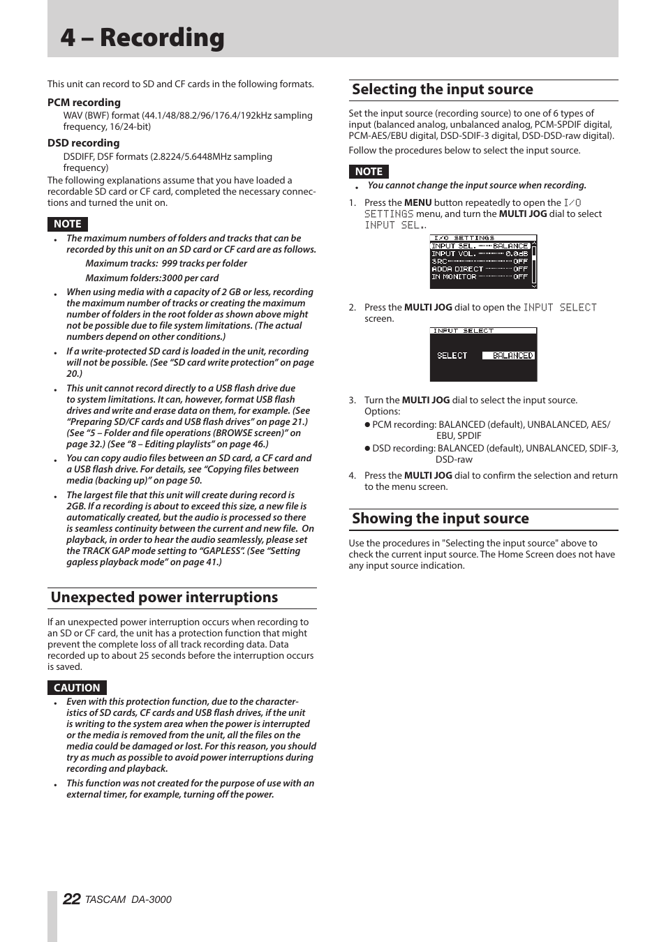 4 – recording, Unexpected power interruptions, Selecting the input source | Showing the input source | Teac DA-3000 User Manual | Page 22 / 60