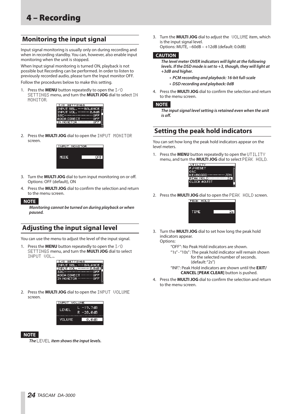 Monitoring the input signal, Adjusting the input signal level, Setting the peak hold indicators | 4 – recording | Teac DA-3000 User Manual | Page 24 / 60