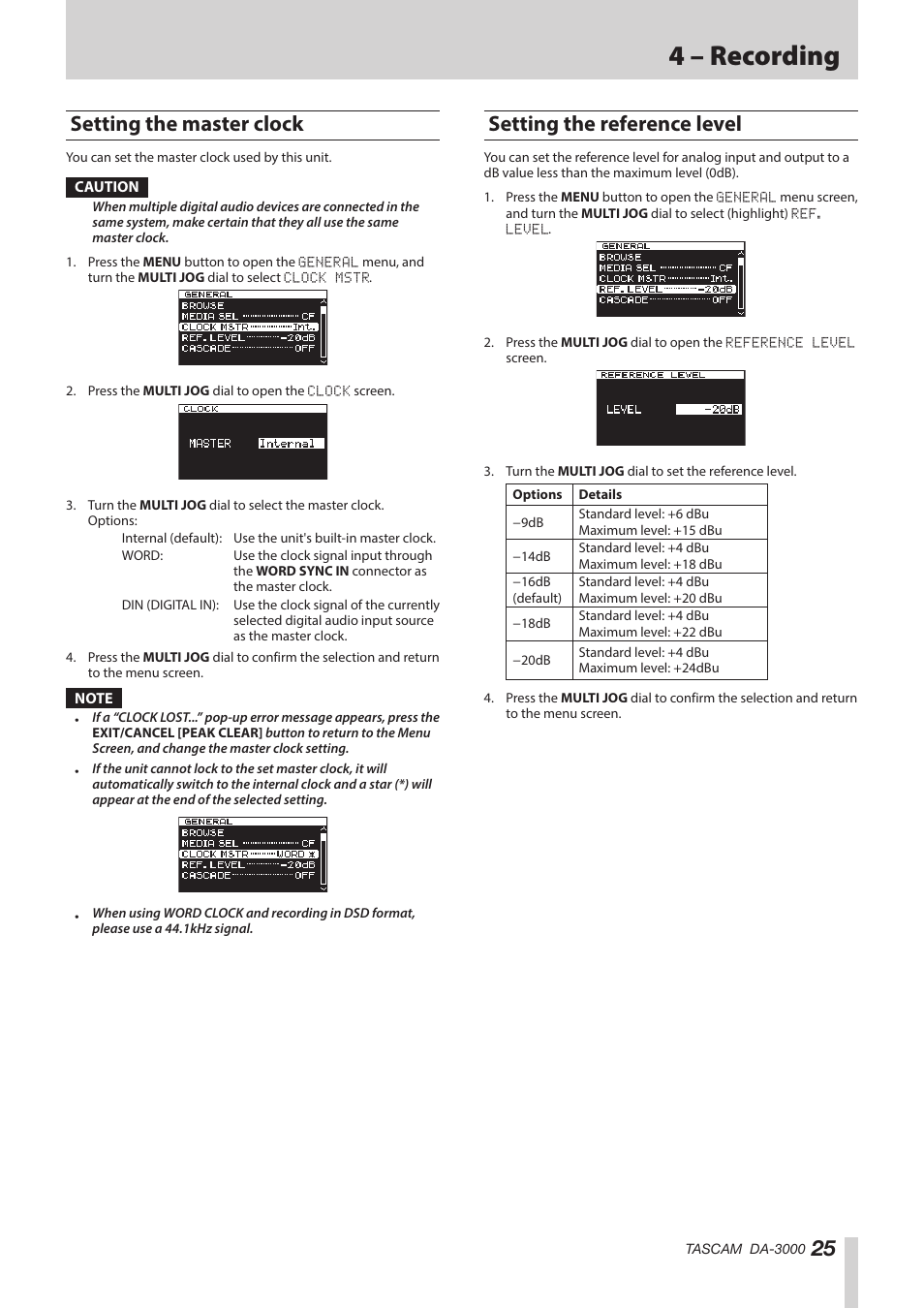 Setting the master clock, Setting the reference level, See “setting the reference level” on | 4 – recording | Teac DA-3000 User Manual | Page 25 / 60