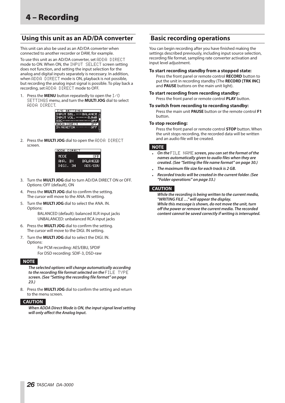 Using this unit as an ad/da converter, Basic recording operations, 4 – recording | Teac DA-3000 User Manual | Page 26 / 60