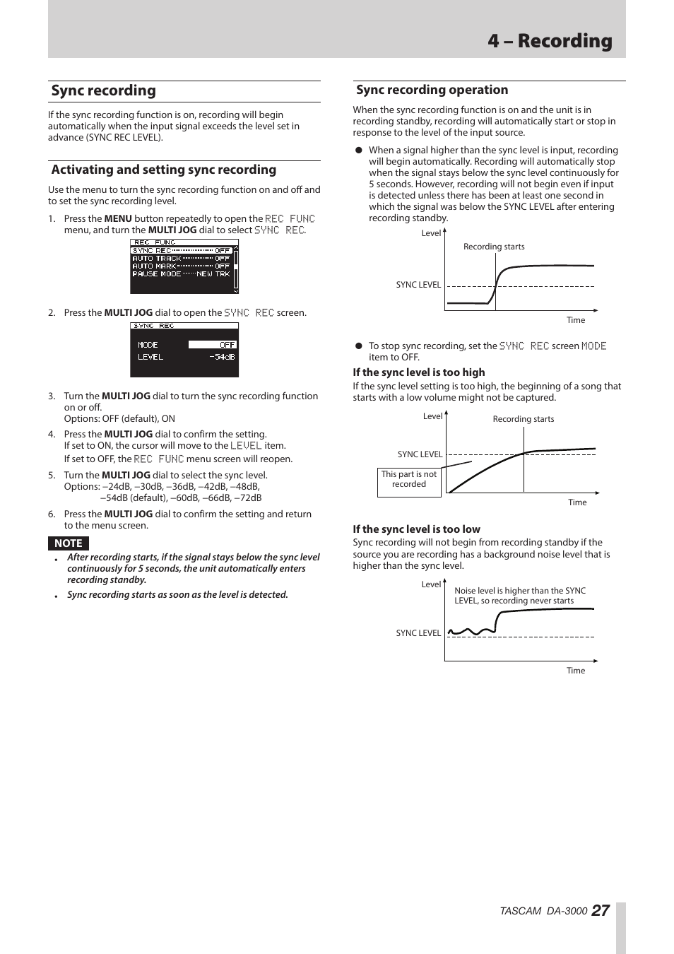 Sync recording, Activating and setting sync recording, Sync recording operation | 4 – recording | Teac DA-3000 User Manual | Page 27 / 60