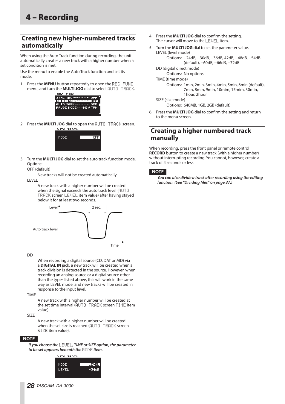 Creating new higher-numbered tracks automatically, Creating a higher numbered track manually, Creating new higher-numbered tracks | See “creating a higher, Ruption. (see, 4 – recording | Teac DA-3000 User Manual | Page 28 / 60