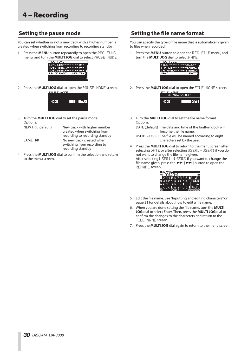 Setting the pause mode, Setting the file name format, 4 – recording | Teac DA-3000 User Manual | Page 30 / 60