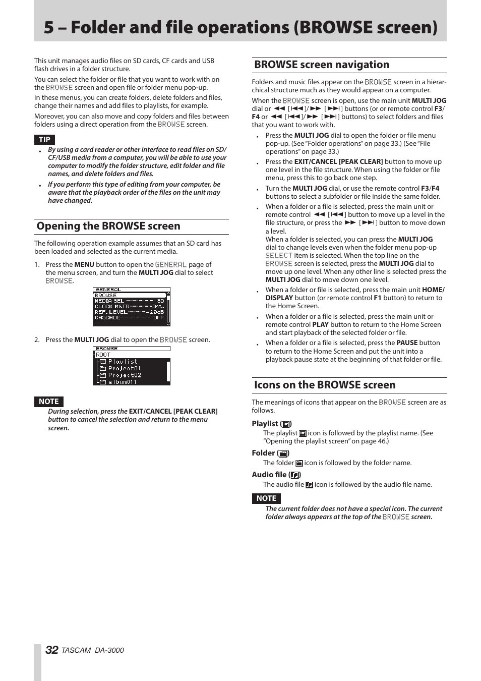 5 – folder and file operations (browse screen), Opening the browse screen, Browse screen navigation | Icons on the browse screen, 5 – folder and file operations, Browse screen), See “browse screen navigation, See “browse screen | Teac DA-3000 User Manual | Page 32 / 60