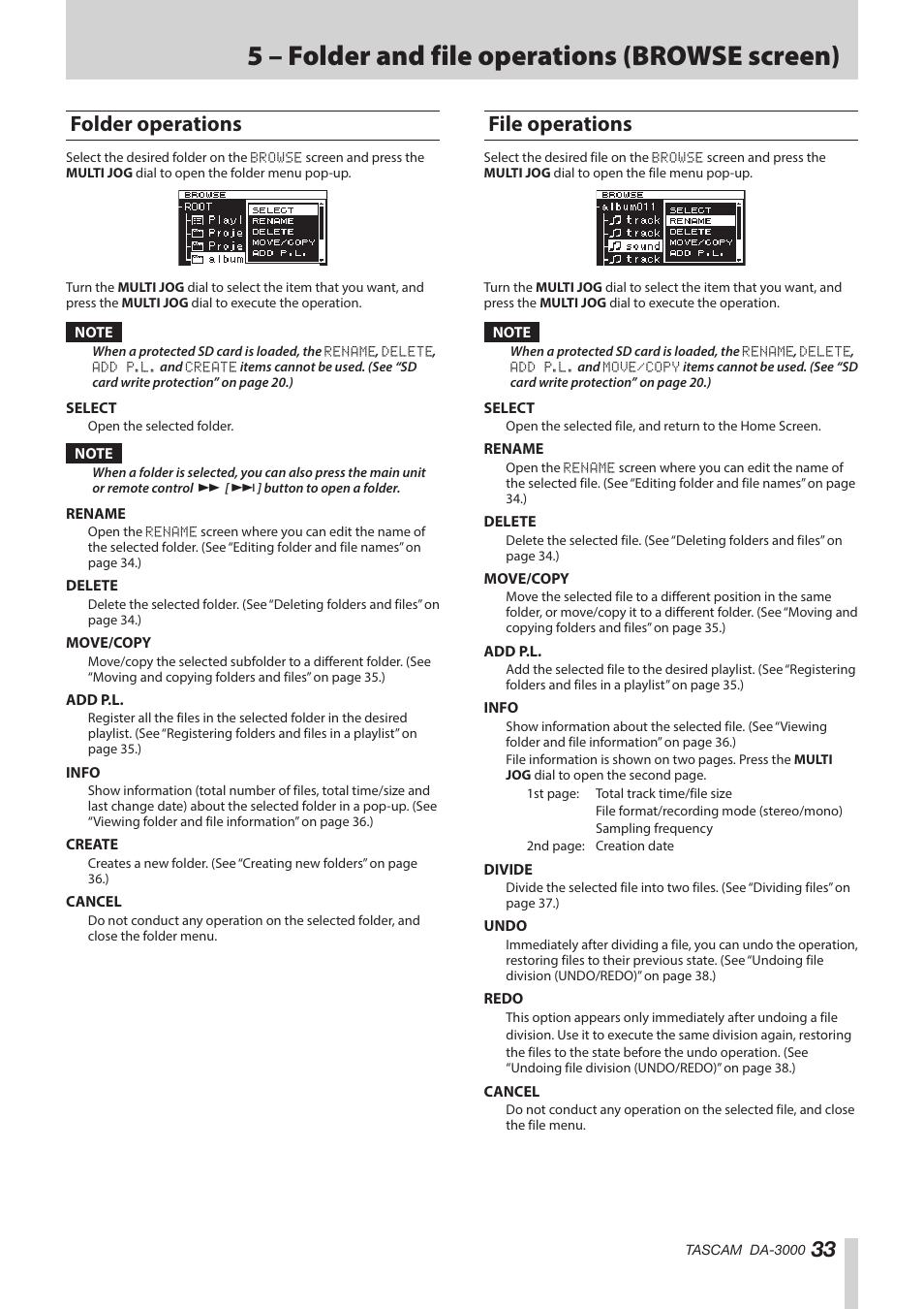 Folder operations, File operations, Folder operations file operations | See “folder operations, 5 – folder and file operations (browse screen) | Teac DA-3000 User Manual | Page 33 / 60