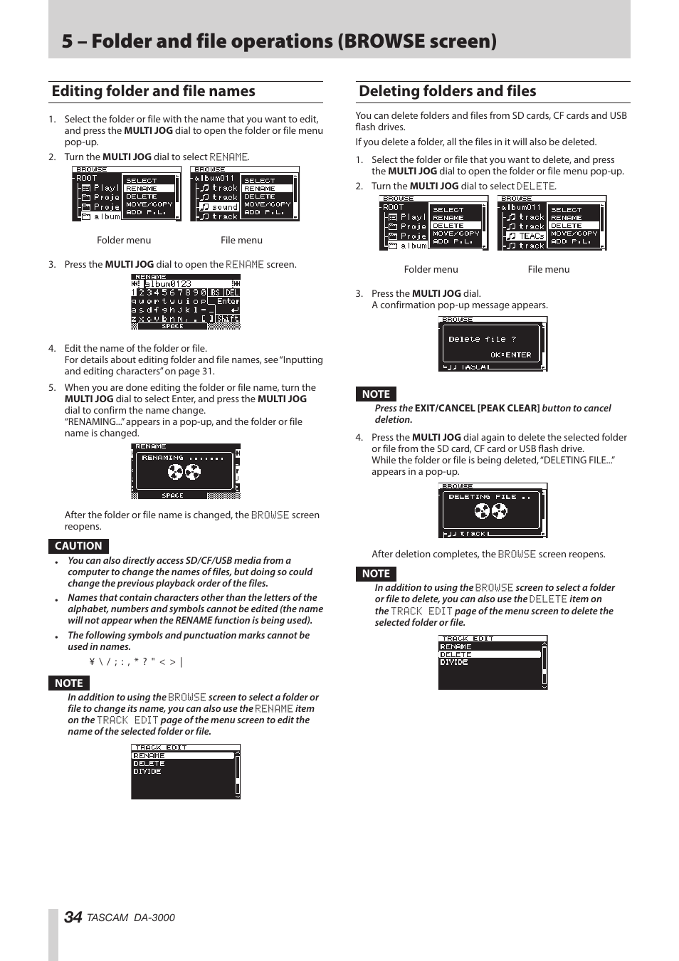 Editing folder and file names, Deleting folders and files, See “editing folder and file names” on | See “deleting folders and files” on, 5 – folder and file operations (browse screen) | Teac DA-3000 User Manual | Page 34 / 60