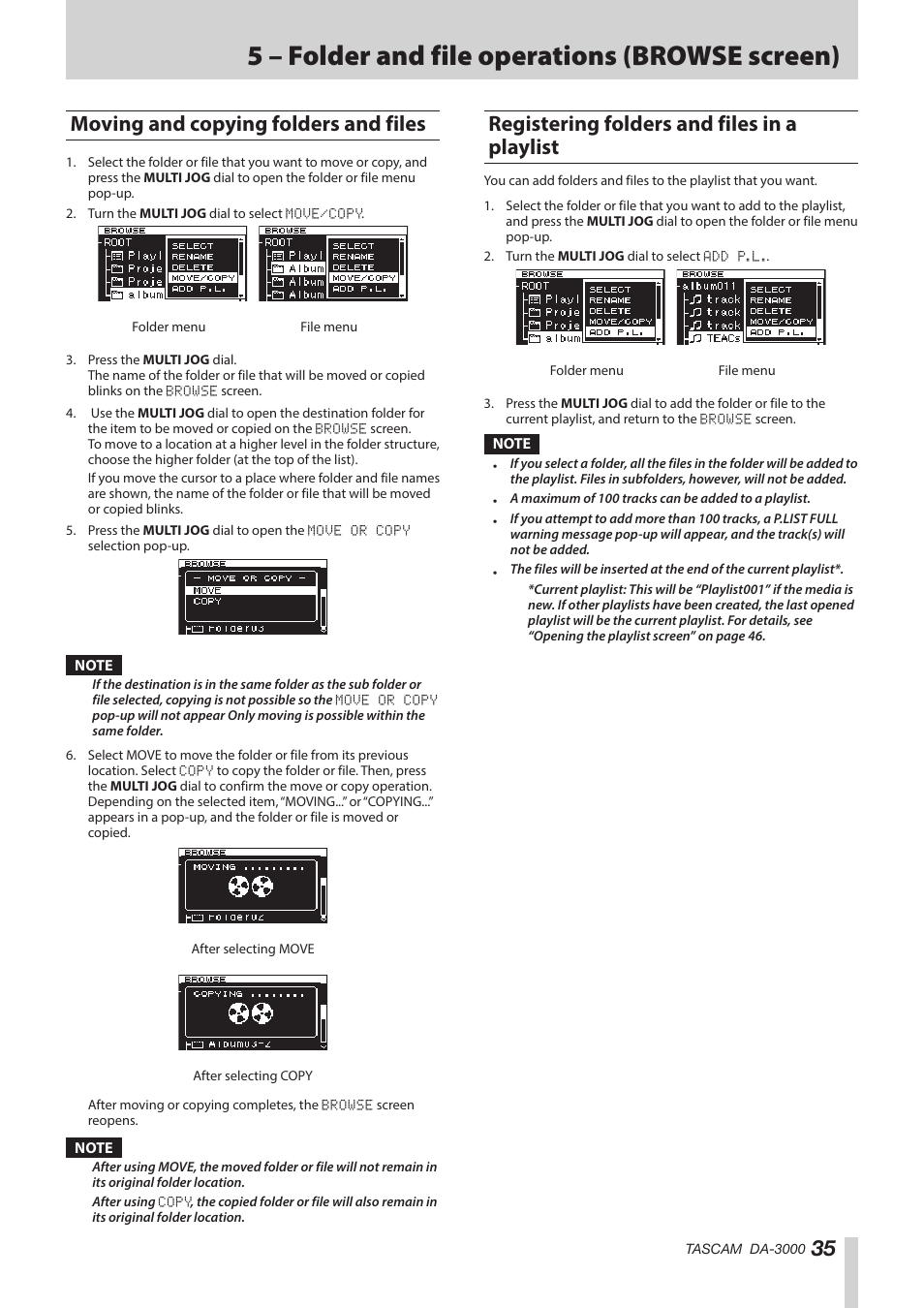 Moving and copying folders and files, Registering folders and files in a playlist, See “moving and | See “registering, 5 – folder and file operations (browse screen) | Teac DA-3000 User Manual | Page 35 / 60