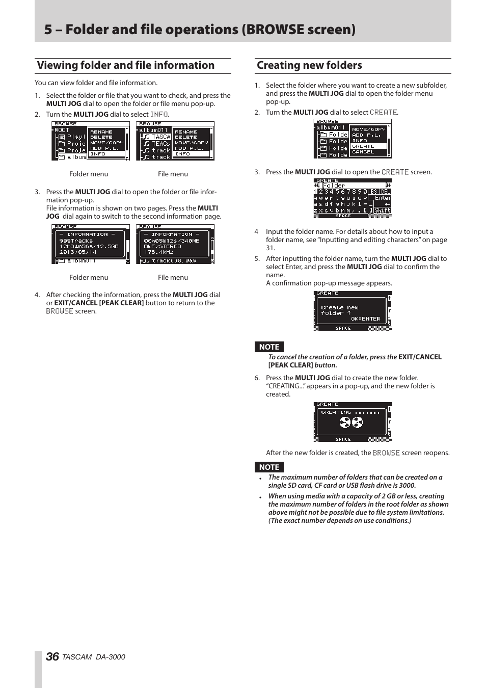 Viewing folder and file information, Creating new folders, See “viewing | 5 – folder and file operations (browse screen) | Teac DA-3000 User Manual | Page 36 / 60