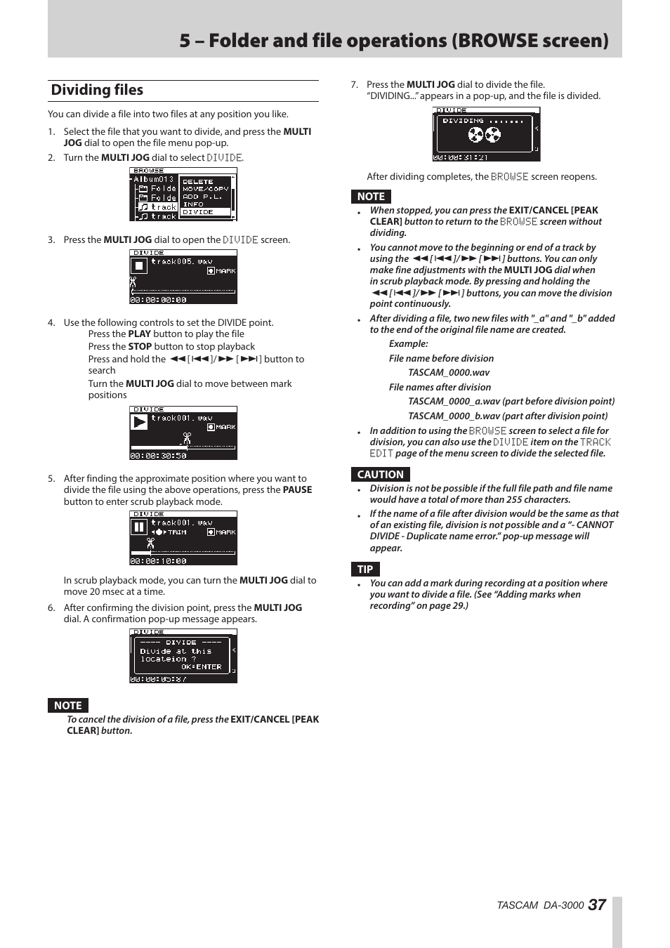 Dividing files, See “dividing files” on, 5 – folder and file operations (browse screen) | Teac DA-3000 User Manual | Page 37 / 60