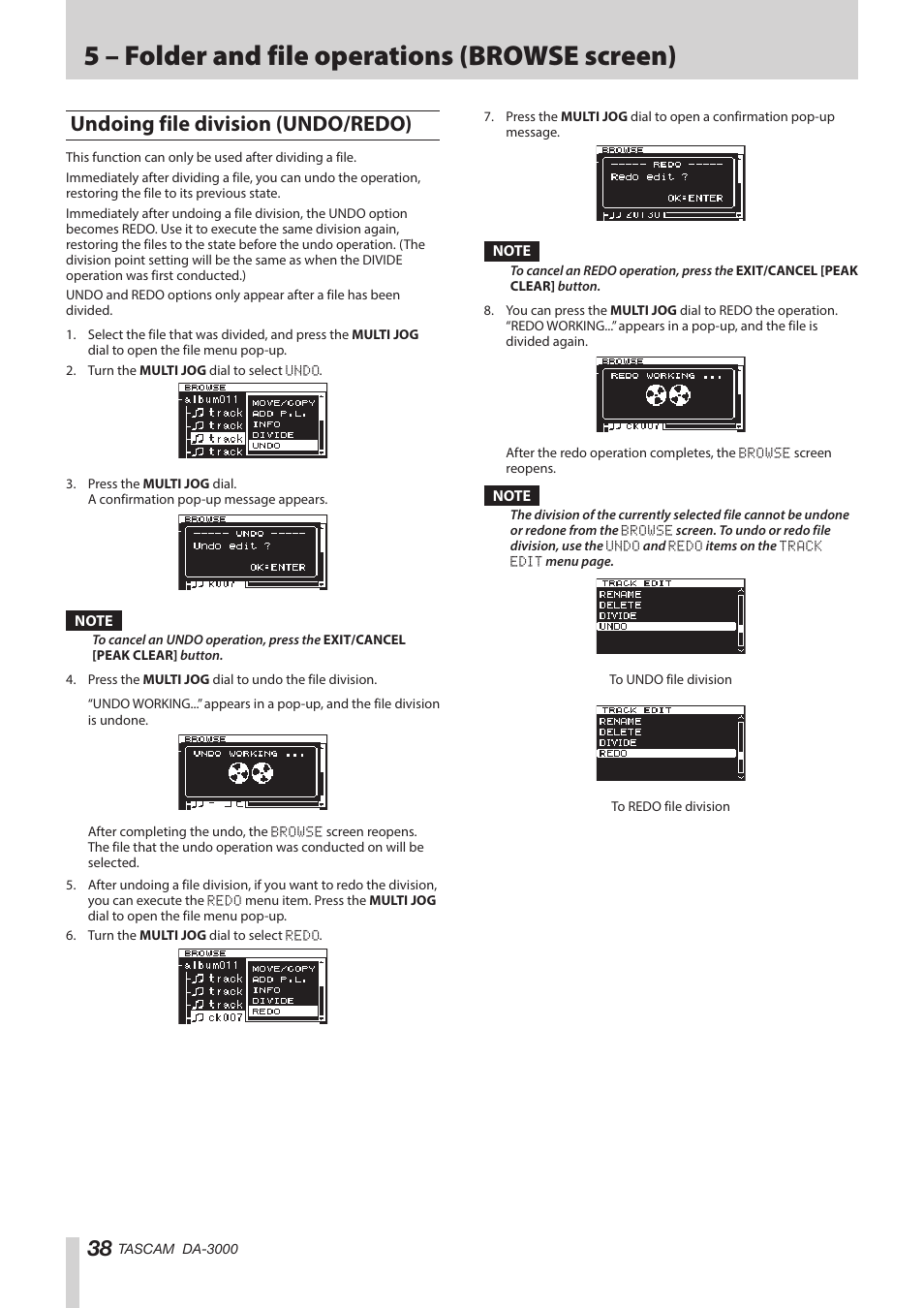 Undoing file division (undo/redo), See “undoing file, Tion. (see | 5 – folder and file operations (browse screen) | Teac DA-3000 User Manual | Page 38 / 60