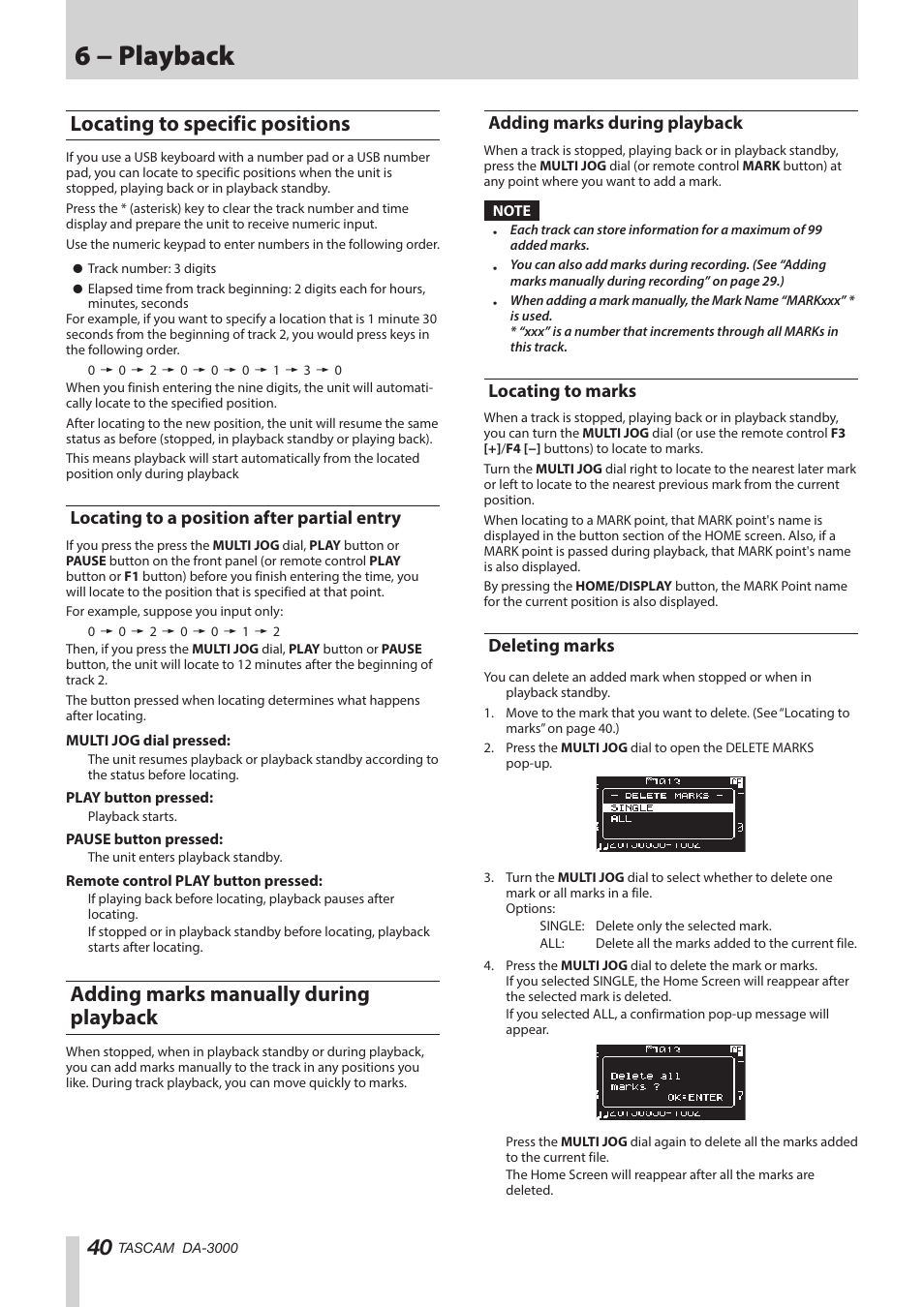 Locating to specific positions, Locating to a position after partial entry, Adding marks manually during playback | Adding marks during playback, Locating to marks, Deleting marks, See “adding marks, See “adding, See “locating to marks, 6 − playback | Teac DA-3000 User Manual | Page 40 / 60