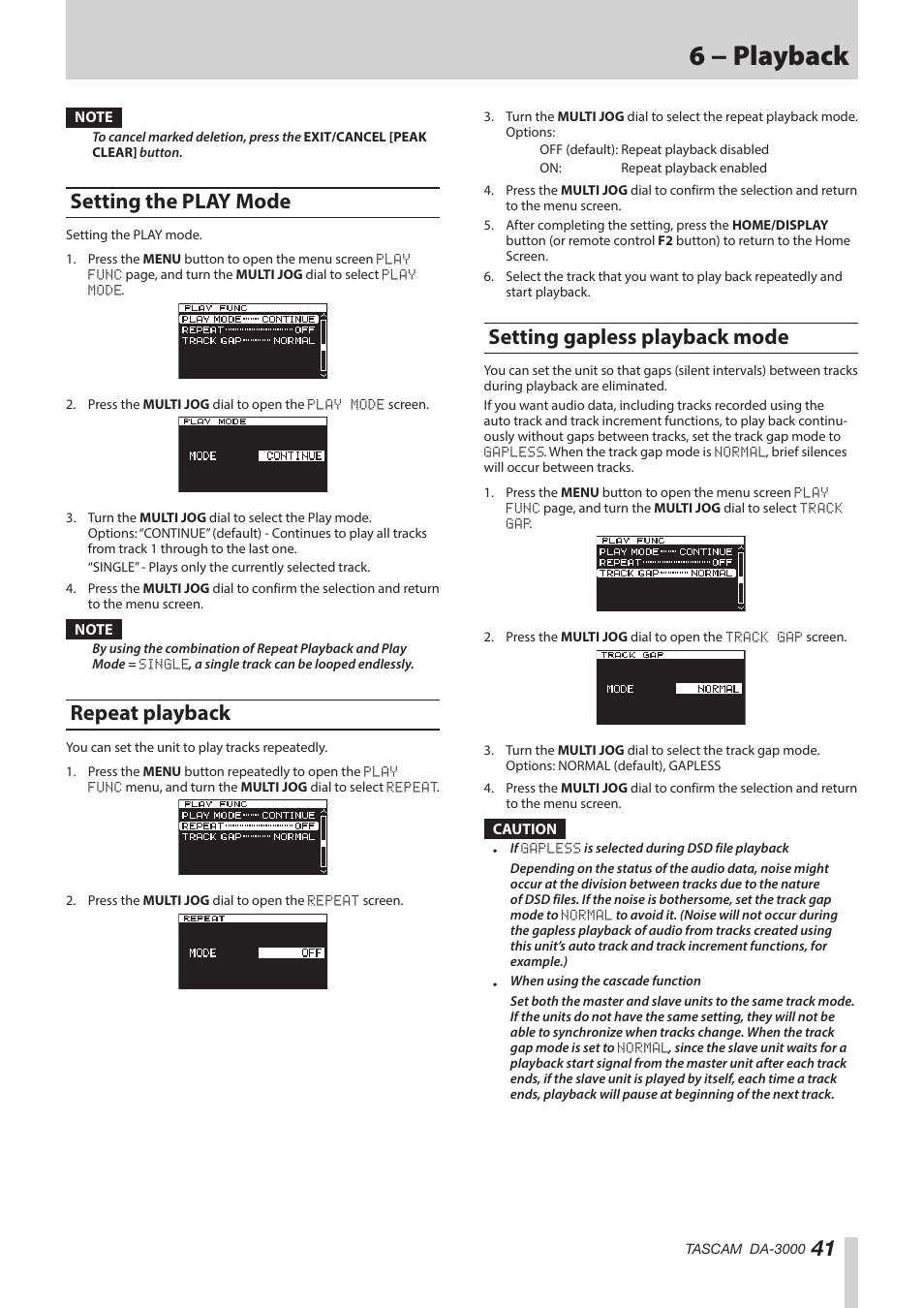 Setting the play mode, Repeat playback, Setting gapless playback mode | See “setting, 6 − playback | Teac DA-3000 User Manual | Page 41 / 60