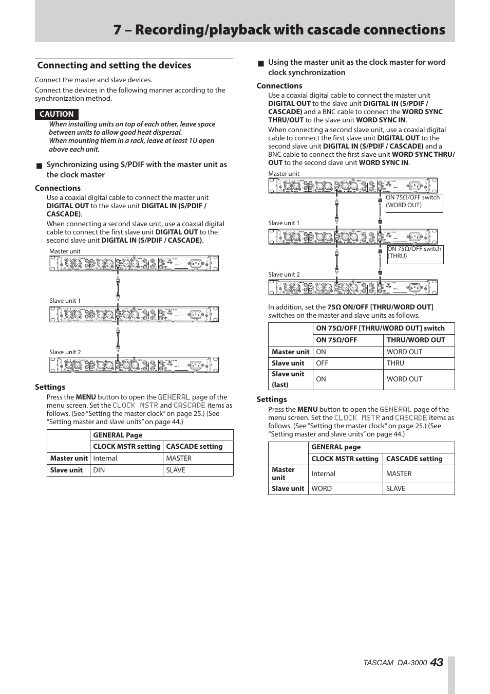 Connecting and setting the devices, 7 – recording/playback with cascade connections | Teac DA-3000 User Manual | Page 43 / 60